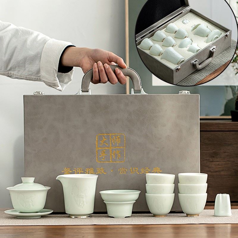 金镶玉马上有钱青玉瓷茶具套装
