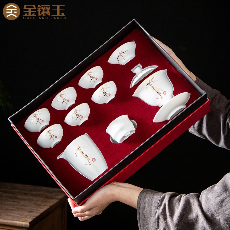 金镶玉陶瓷功夫茶具节节盖碗套装