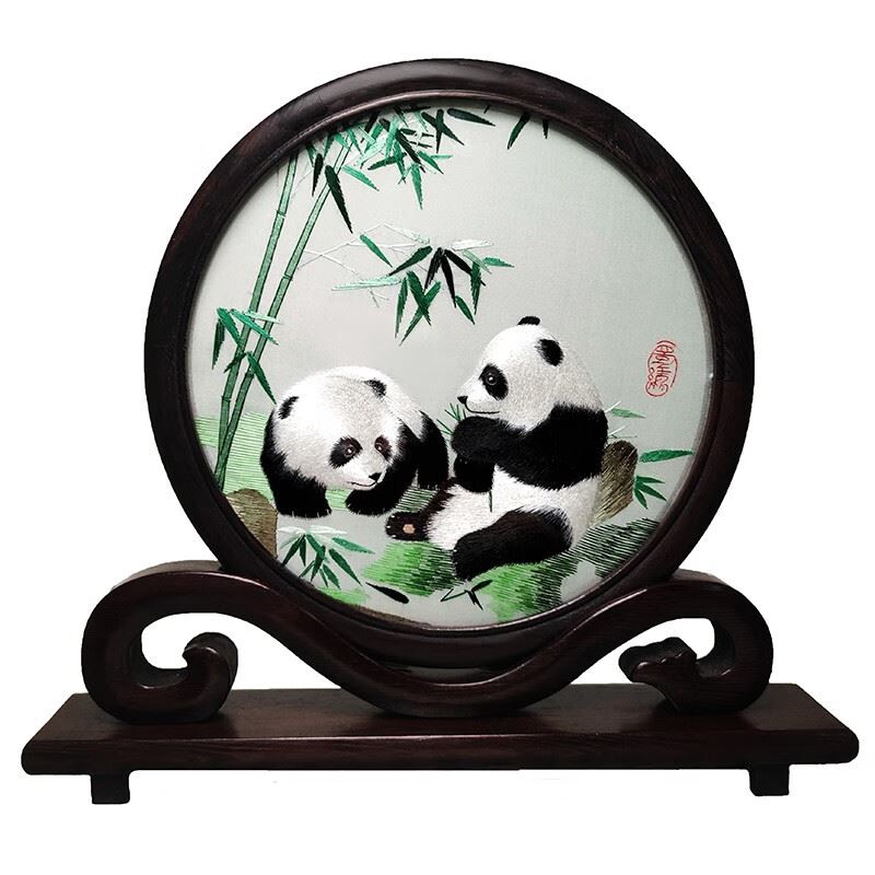 手工蜀绣台屛熊猫
