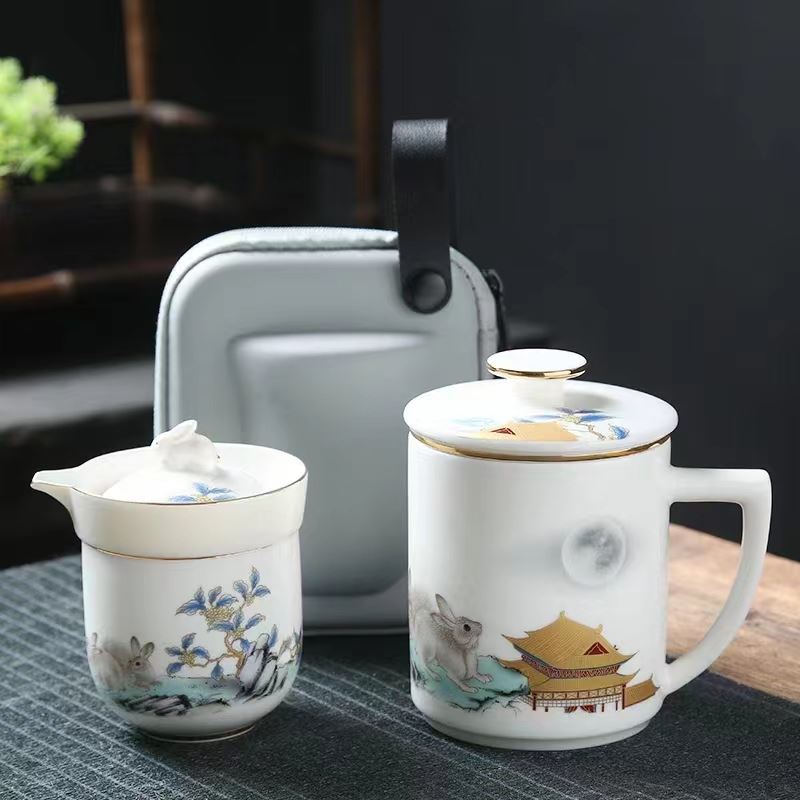 玉兔呈祥羊脂玉商务茶具套装