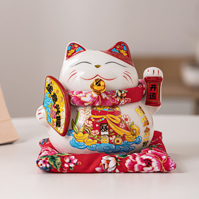 招财猫6寸白猫财扇生意兴隆钱罐