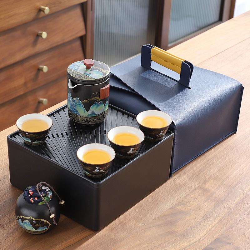 旅行茶具套装一壶四杯+茶叶罐+茶盘