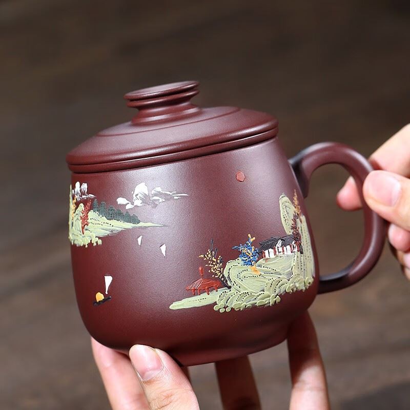 金镶玉宜杯子山水人家泥绘紫砂杯