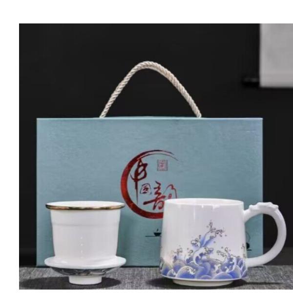 羊脂玉瓷陶瓷马克杯带盖过滤分离办公杯