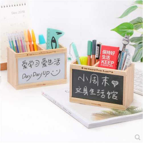 创意原木小清新笔筒带小黑板双格多功能