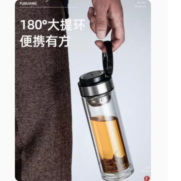 富光双层玻璃杯大容量茶杯男士商务玻璃杯便携提环24/3