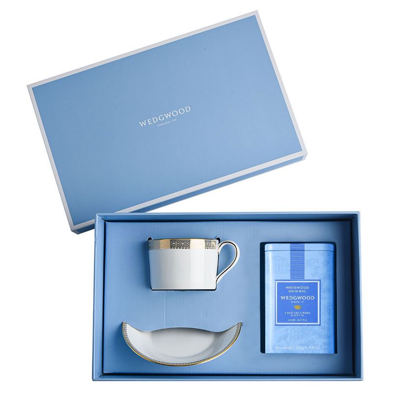 WEDGWOOD威基伍德金色蕾絲杯碟組+原味茶罐禮盒
