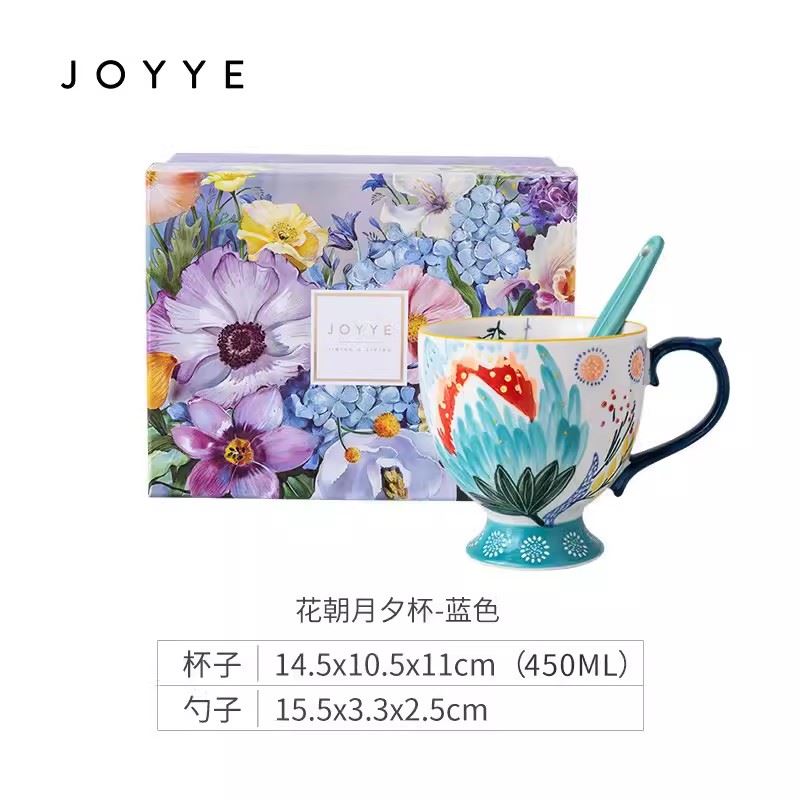 JOYYE花朝月夕彩繪馬克杯家用陶瓷麥片杯燕麥杯帶勺
