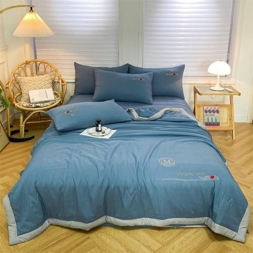 吉眠优品A类水洗棉麻绣花夏被-宾利蓝