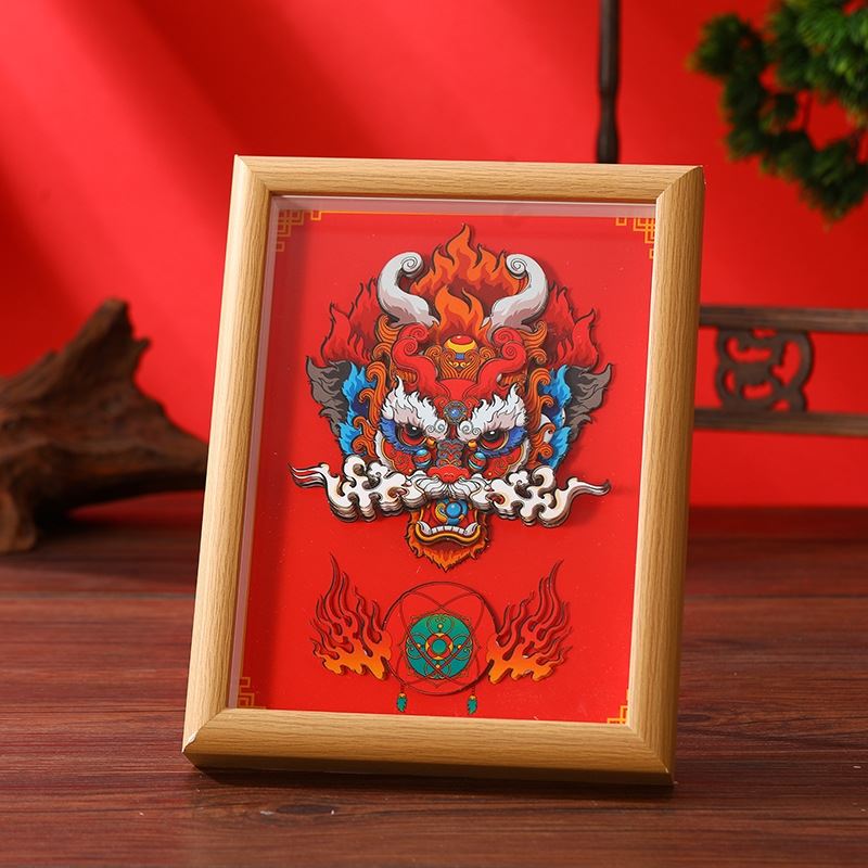 国潮新中式醒狮貔貅龙年财神实木相框摆台立体diy装饰画摆件