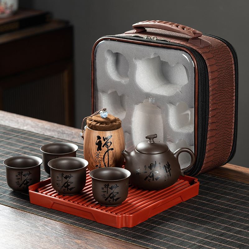 轻奢便携式紫砂茶壶六头茶水分离户外茶盘整套装