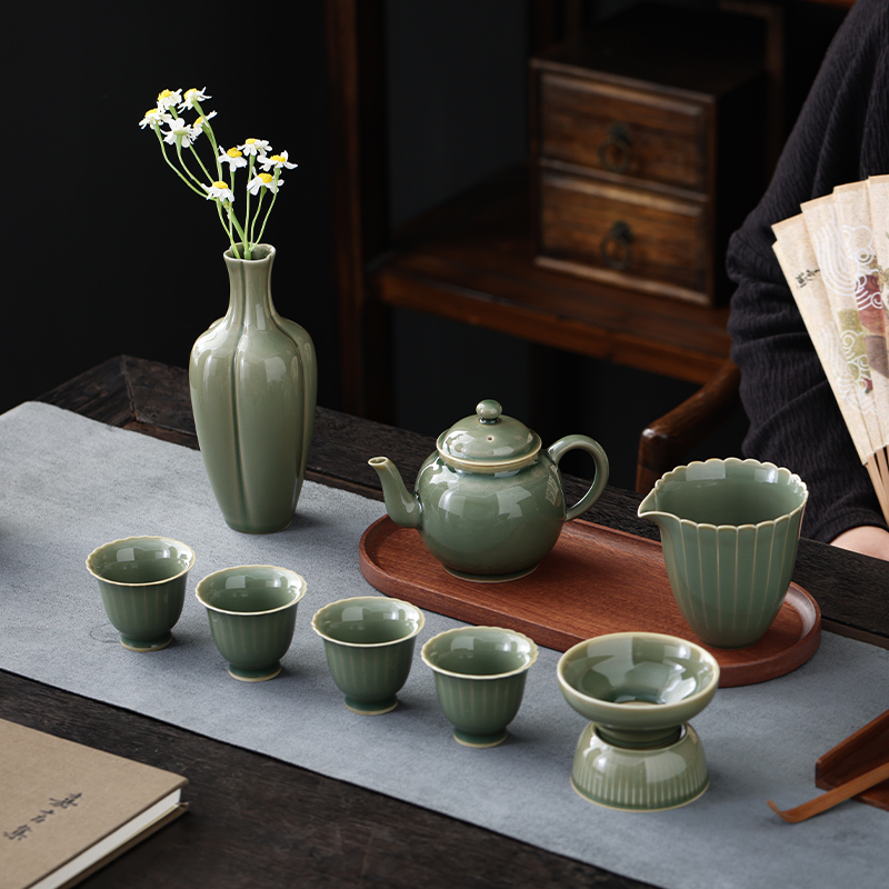 宏裕越青美10头陶瓷茶壶花插茶盘套装JHY-CJ-152