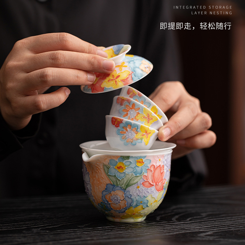 尾桥下窑手绘万花满彩釉下旅行茶具套装便携商务会议伴手礼赠品