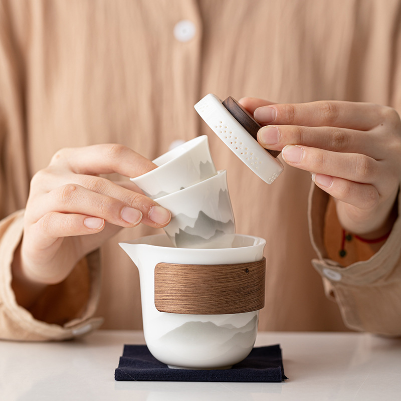 茶汀水墨画山水羊脂玉快客杯便携装