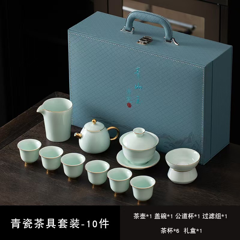 鵬翼11頭青山玉美人壺描金茶具