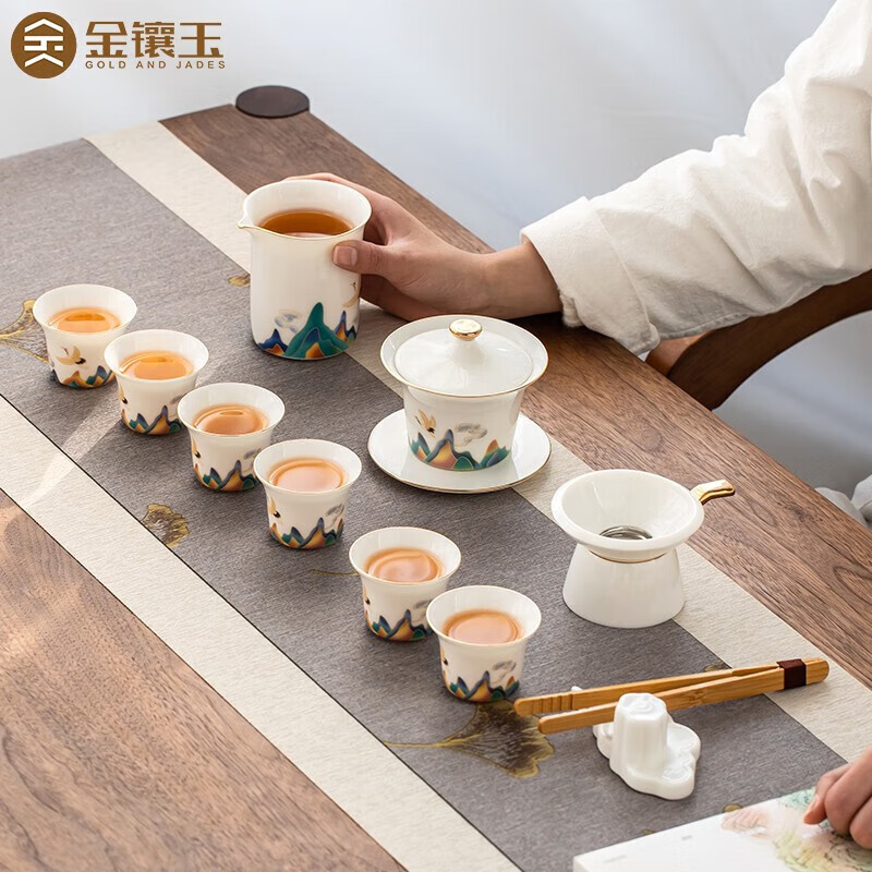 金镶玉观山羊脂玉瓷茶具