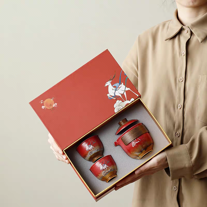 尾桥下窑故宫文创瑞鹤呈祥/敦煌九色鹿快客茶具套装中秋节日礼品