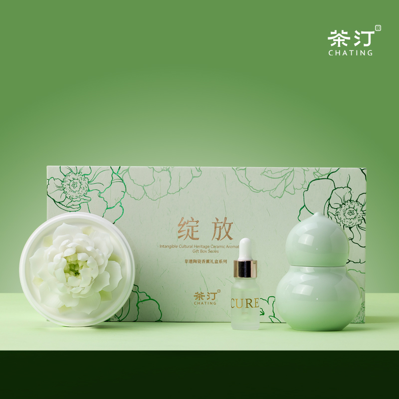 茶汀绽放非遗手捏白莲葫芦香薰套装