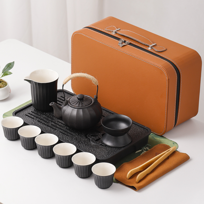 鹏翼黑陶陆宝茶盘旅行茶具套装