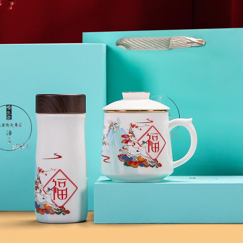 鹏翼开门红福鹿同行羊脂玉瓷套装