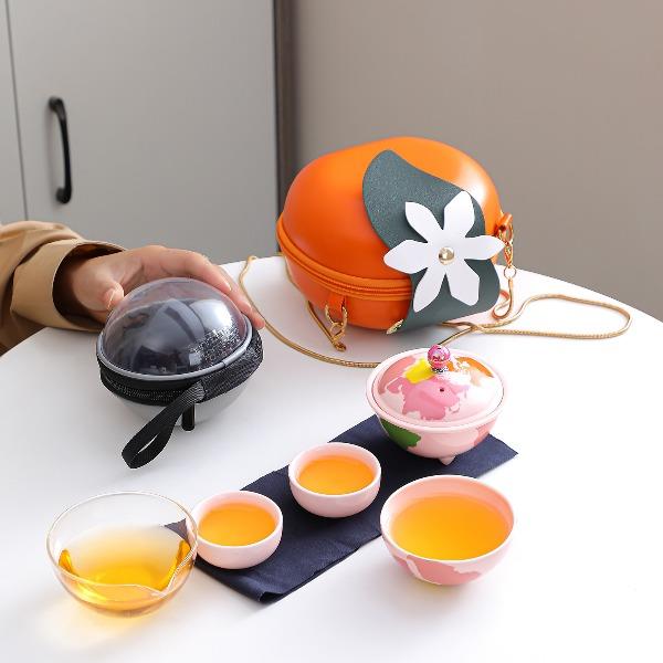 瓷语花香粉色系轻奢地球快客旅行茶具