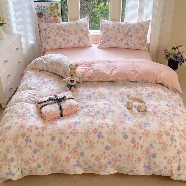 花花公子-家紡-水洗棉有氧雙層紗印花云感木棉皺皺紗四件套