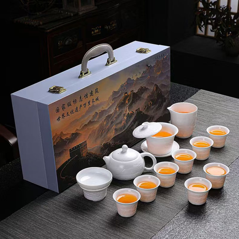 鹏翼13头千里江山浮雕功夫茶具大套装