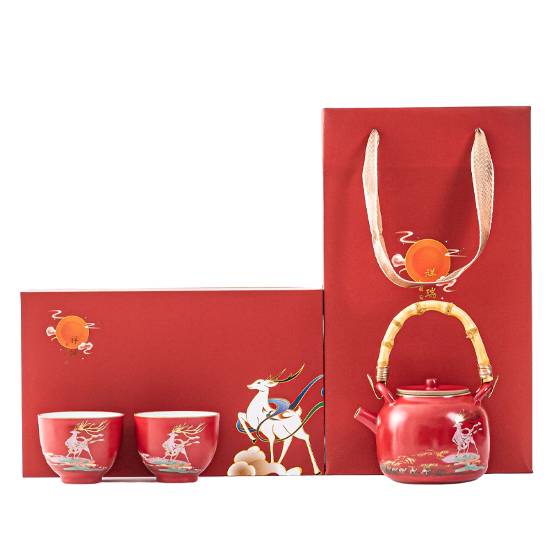 尾桥下窑敦煌文创一鹿呈祥一壶两杯茶具小套装年会开门红伴手礼