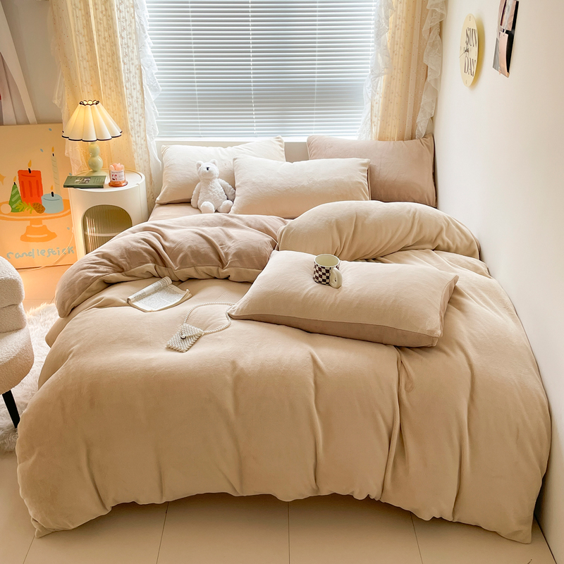 百麗安娜純色牛奶絨四件套-杏咖色