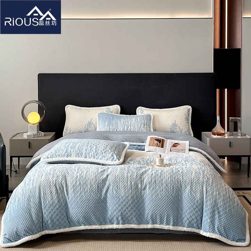 蕊絲坊家紡兔毛寬包邊立體雕花牛奶絨床單四件套-米萊