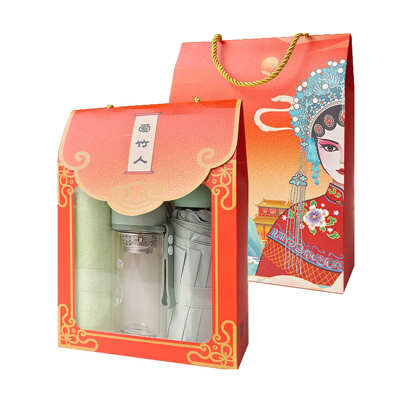 爱竹人红韵礼盒条缎毛巾玻璃杯五折伞3件套B06