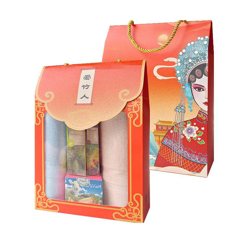 爱竹人红韵礼盒毛巾护手霜唇膏绵羊油5件套B07