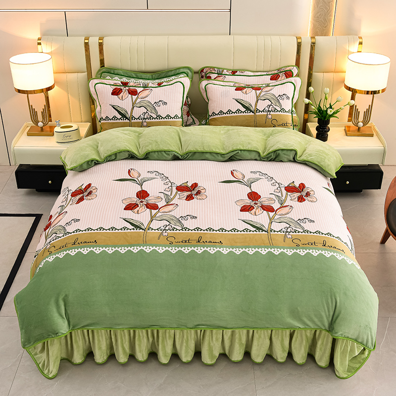 花花公子-家纺-8斤重牛奶金貂绒法莱绒秋冬保暖印花床裙四件套