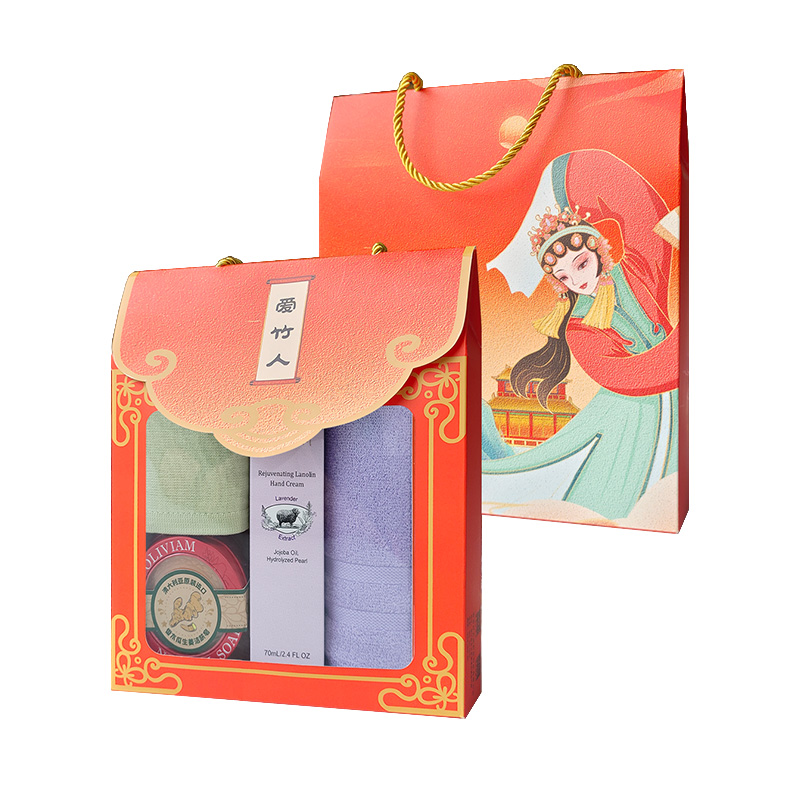 爱竹人红韵礼盒毛巾方巾生姜皂护手霜4件套A11