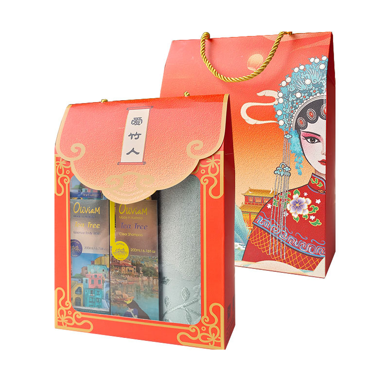 爱竹人红韵礼盒毛巾洗发水沐浴乳3件套B08