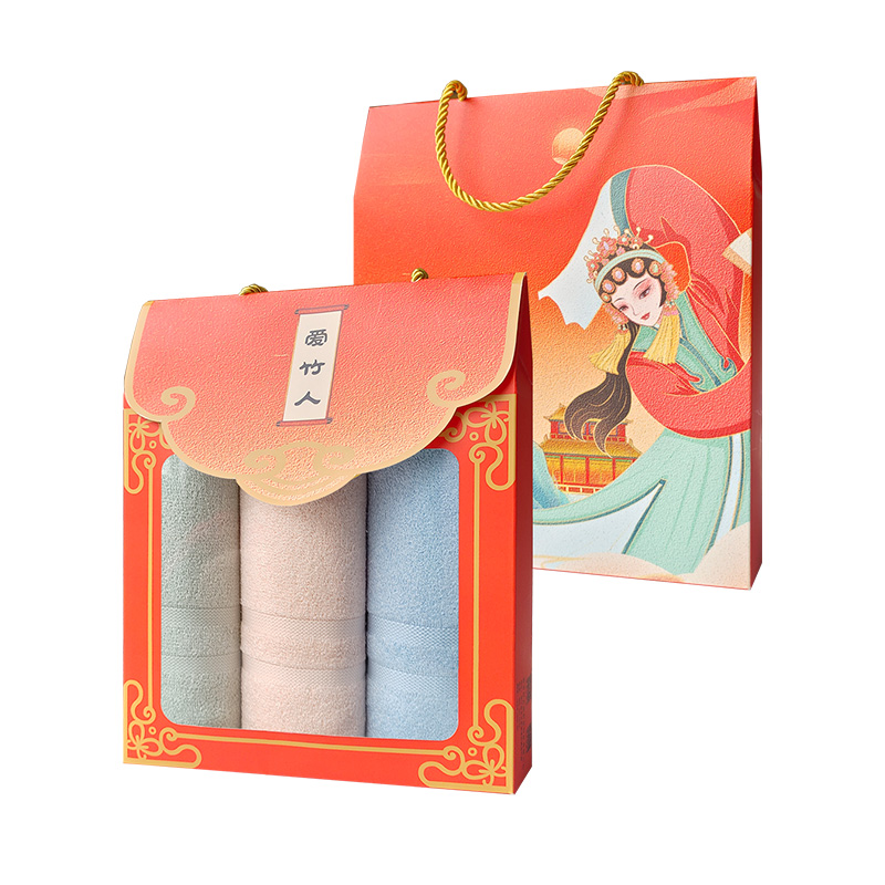 爱竹人竹纤维美容毛巾红韵礼盒3条装A02