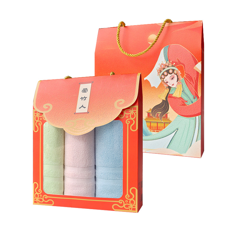 爱竹人竹纤维条缎毛巾红韵礼盒3条装A05