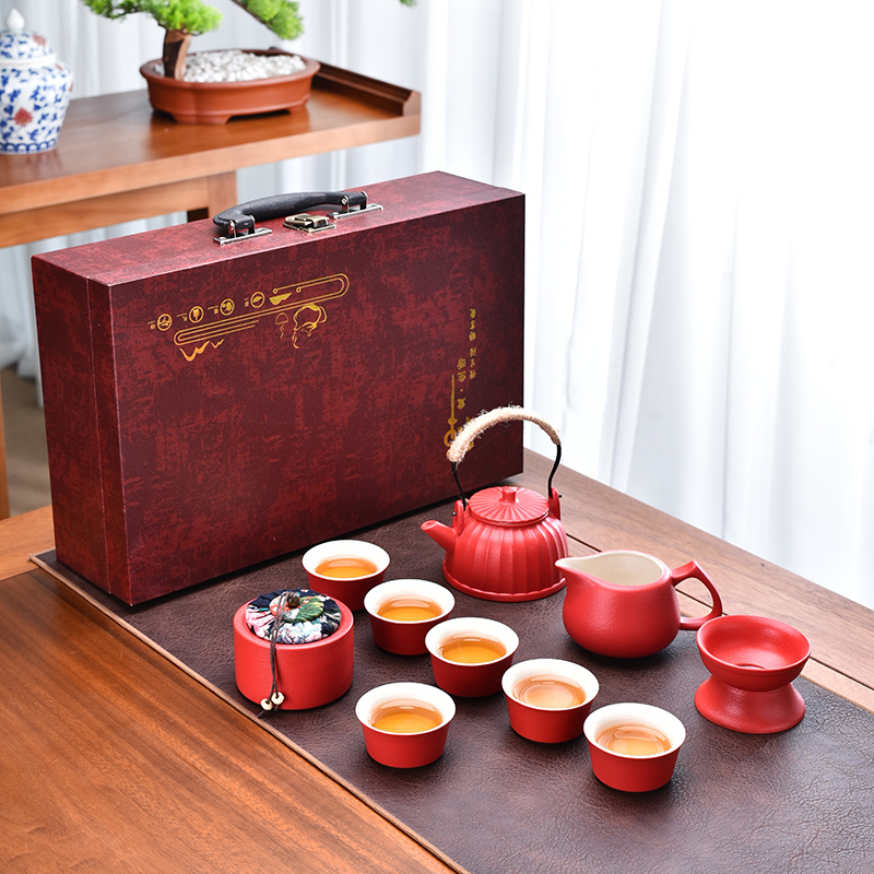 鵬翼開門紅浮雕提梁壺粗陶茶具大套裝
