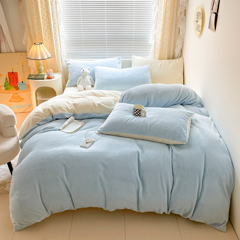 百丽安娜纯色牛奶绒四件套-浅蓝+奶黄
