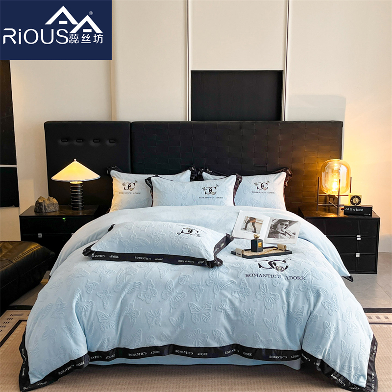 蕊丝坊家纺新款雕花消光牛奶绒四件套-梦蝶专版花型