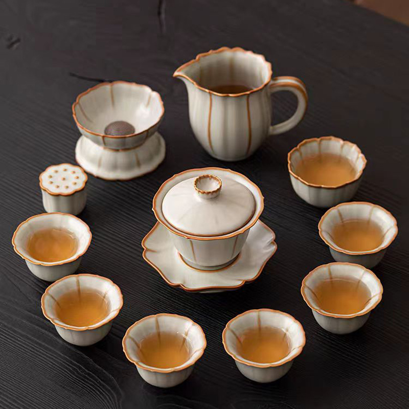 鵬翼11頭葫蘆、蓮花浮雕亞黃汝瓷茶具