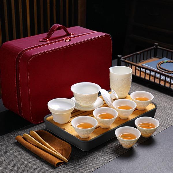 鵬翼13頭龍鳳紋浮雕旅行茶具套裝