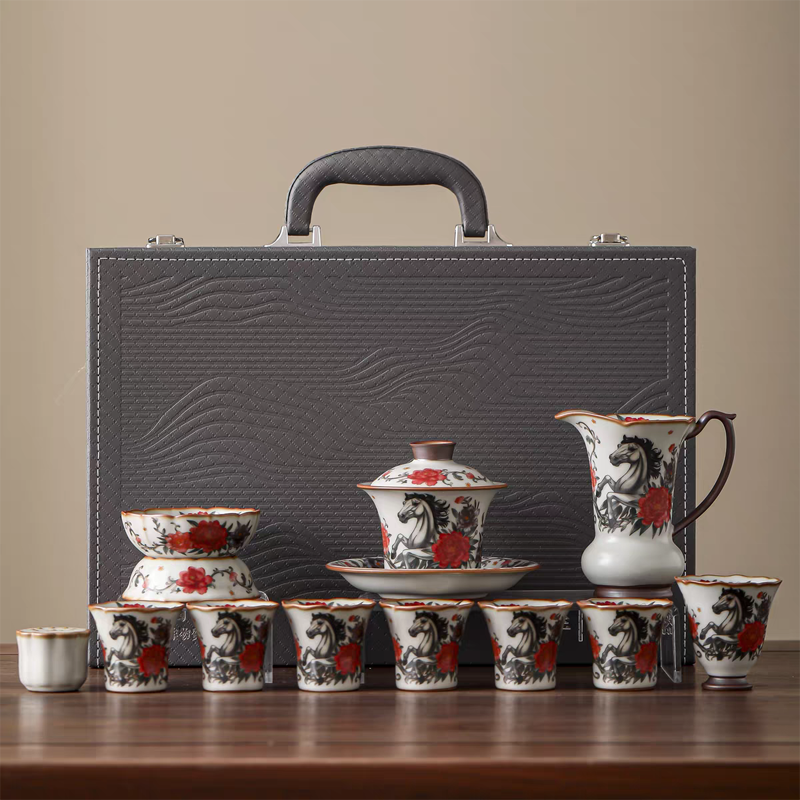 鵬翼馬年開門紅馬上有錢、馬到成功亞黃汝窯茶具大套裝