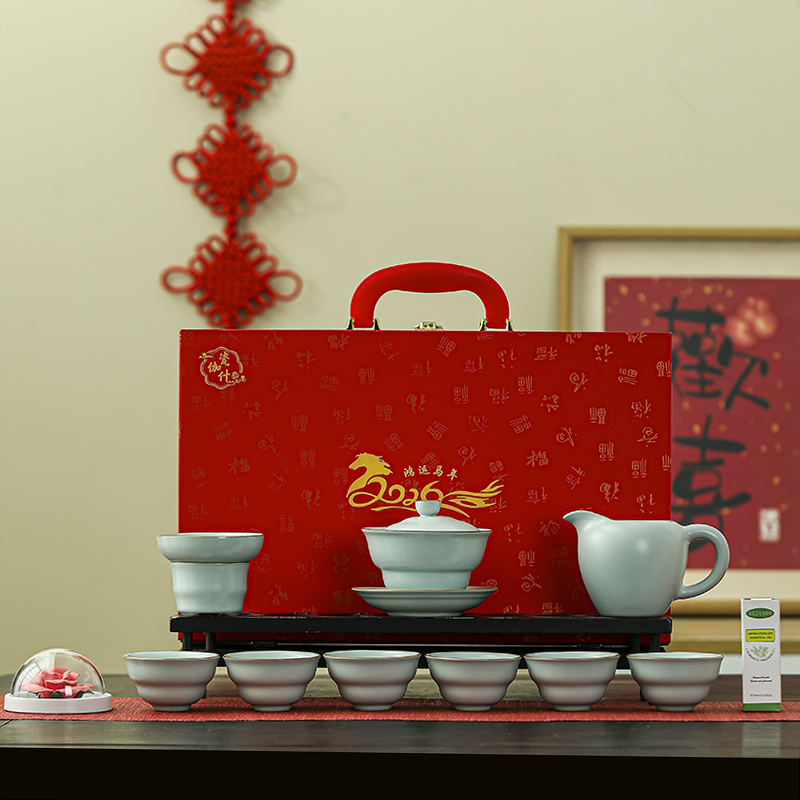 瓷伽什花開(kāi)富貴汝窯茶具套組