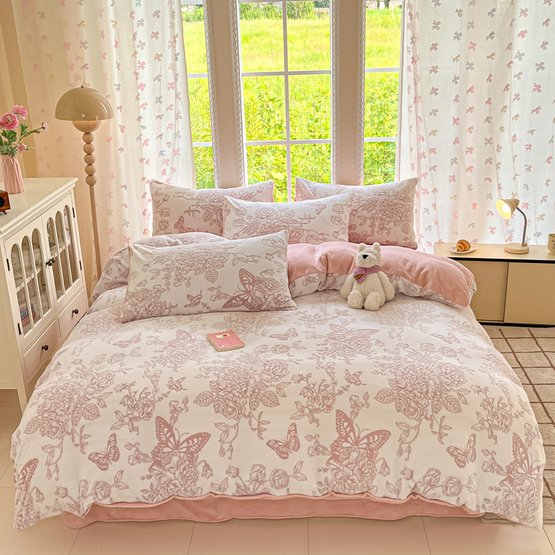 百麗安娜浮雕絨四件套--舞蝶暖心粉