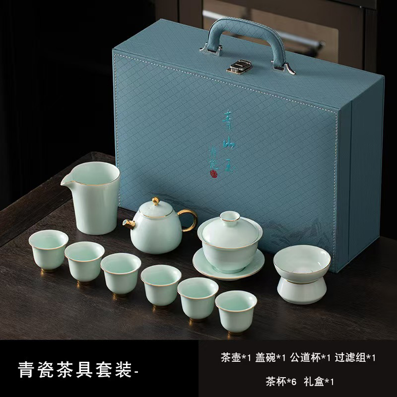 鵬翼11頭青山玉美人壺描金茶具