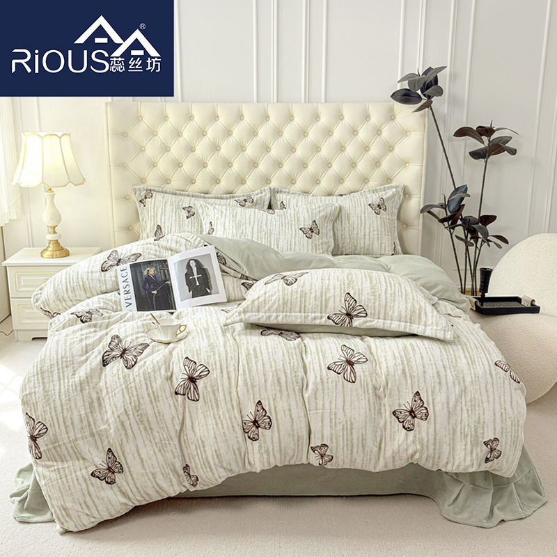 蕊絲坊家紡赫本風印花款高克重全消光提花絨四件套