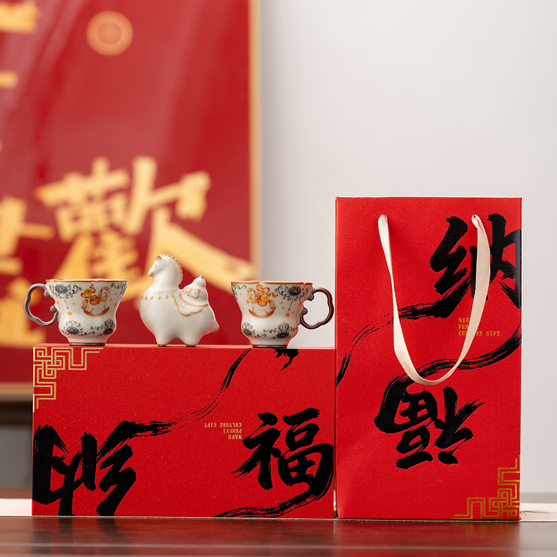 鵬翼馬年開門紅納福馬上有錢雙杯擺件