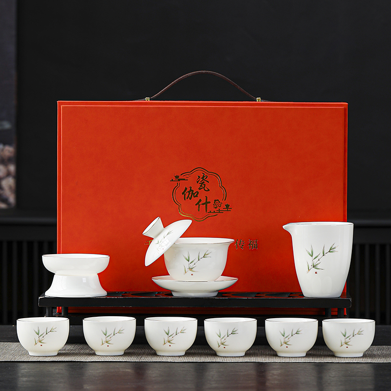 瓷伽什竹韻清風(fēng)羊脂玉茶具套裝