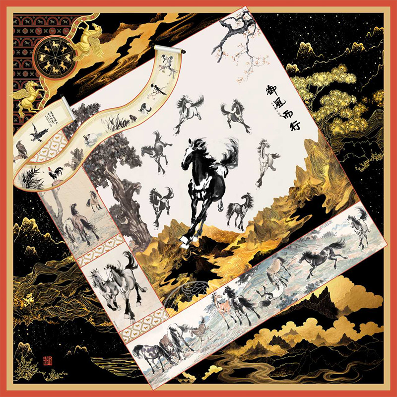 aurora系列御風(fēng)而行·真絲斜紋綢馬年大方巾禮盒節(jié)日女神節(jié)